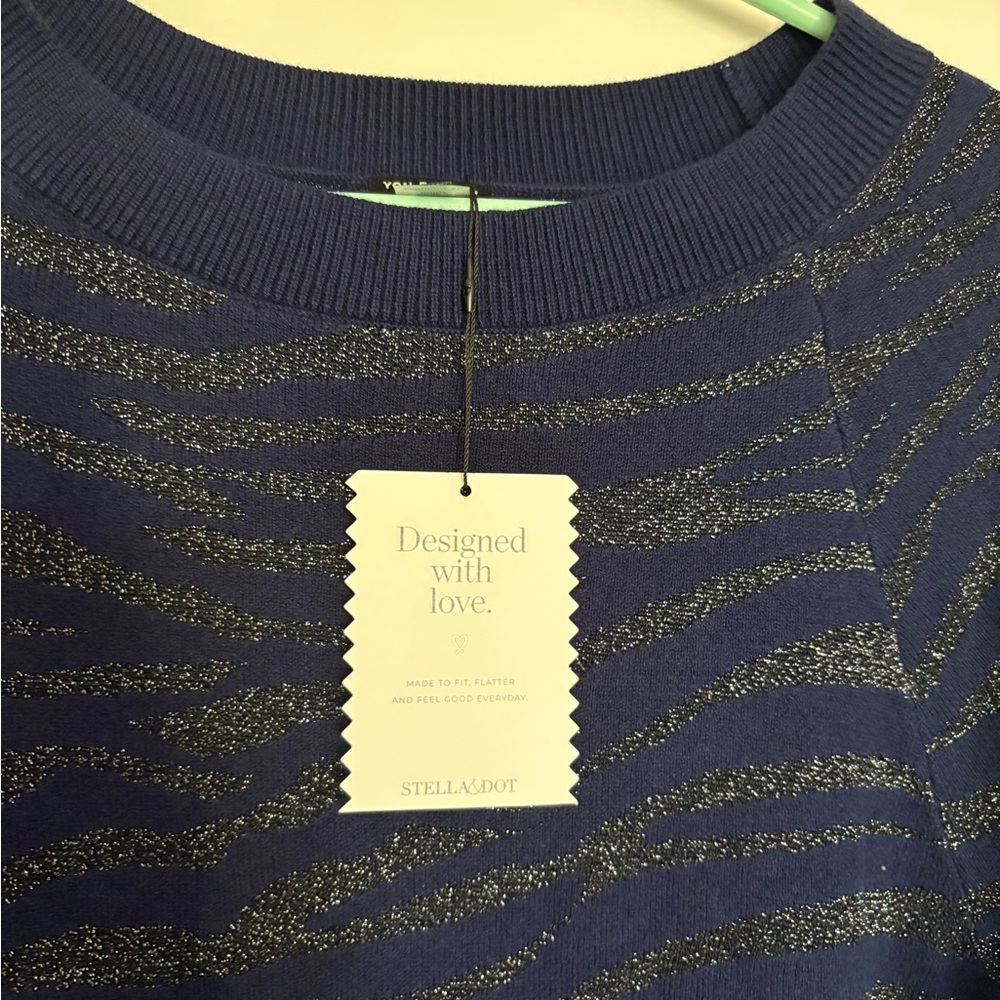 Stella & Dot Navy Crewneck Sweater with Silver Metallic Stripes - Picture 3 of 5